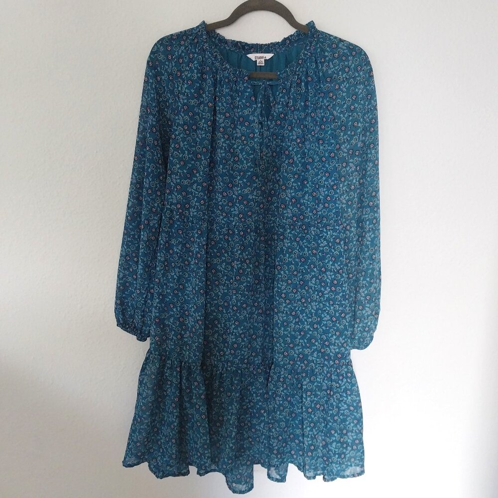 Studio A Blue Floral Print Long Peasant Sleeve Tiered Ruffle Babydoll Dress